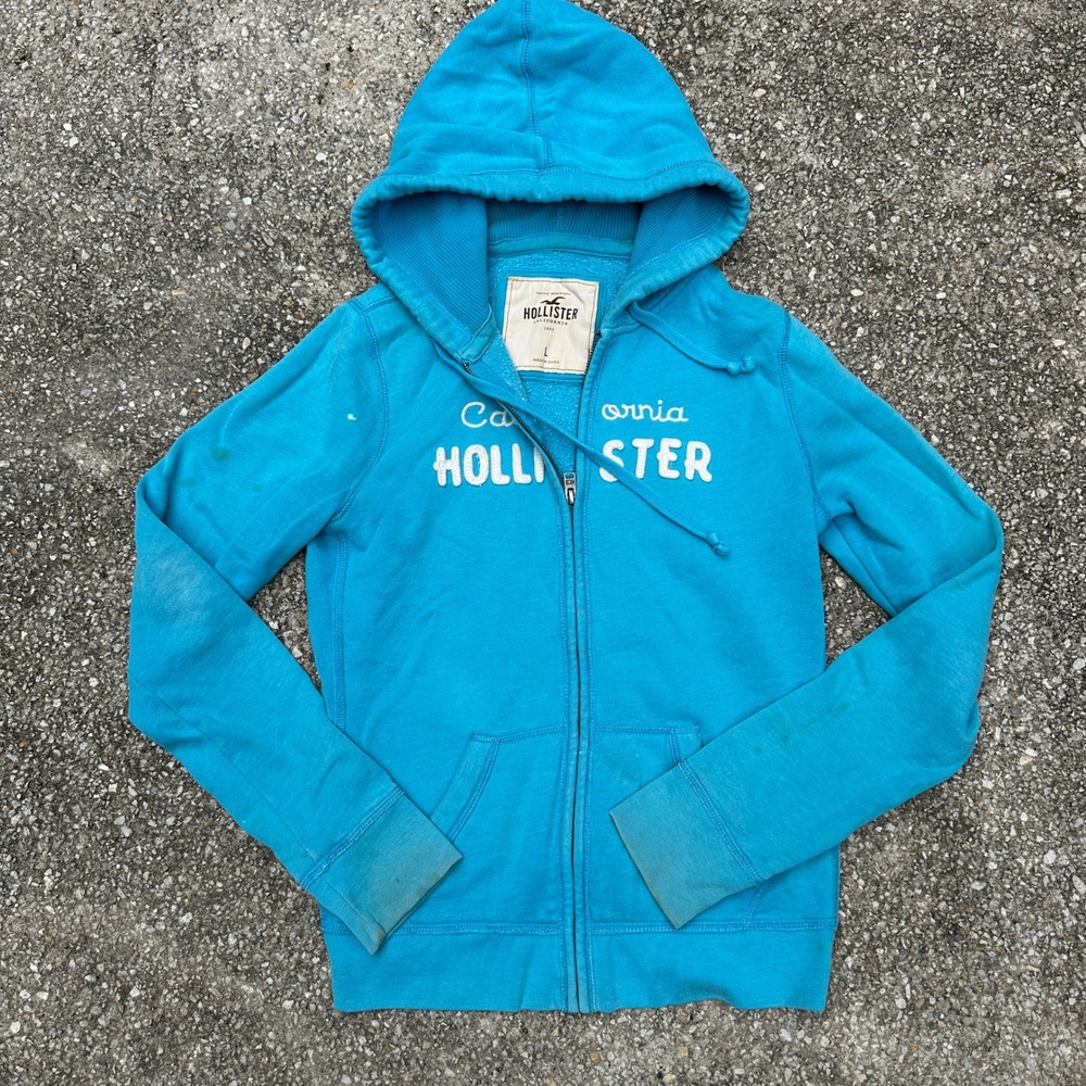 Hollister California Full Zip Hoodie Blue Waffle Lined Logo Sweatshirt Womens L